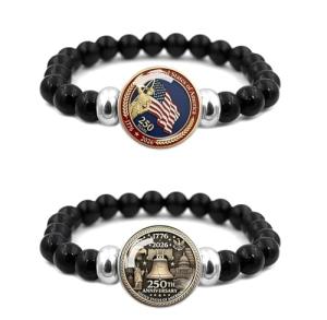 Gmbkouo 2Pcs US 250th Anniversary Black Bead Bracelet Set with Crystal Glass Flag Pendant, Adjustable Elastic Handmade for Men & Women, Patriotic Independence Day Jewelry Gift
