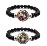 Gmbkouo 2Pcs US 250th Anniversary Black Bead Bracelet Set with Crystal Glass Flag Pendant, Adjustable Elastic Handmade for Men & Women, Patriotic Independence Day Jewelry Gift