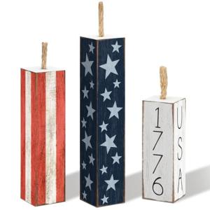 Amyhill 3 Pcs USA 250th Anniversary Wooden Table Decorations Patriotic Table Centerpieces Independence Day Wood Firework Fourth of July Desk Signs for Home Farmhouse Decor(Classic Style)