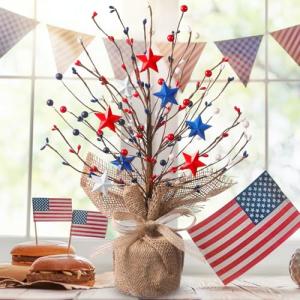 Giegxin 4th of July Centerpieces Veterans Day Patriotic Decoration for Table Artificial Flowers Tree White Red Blue Stars Artificial Berry Stem Patriotic Picks for Tabletop Decor(Glitter)