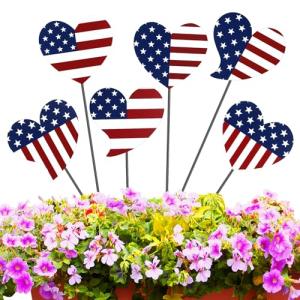 Pickmesh 6 Pcs 12" H Patriotic Metal Yard Sign Patriotic Heart Garden Stake USA Flag American Yard Sign for Memorial Day Outdoor Decor 4th of July Independence Day Decoration