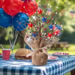 Giegxin 4th of July Centerpieces Veterans Day Patriotic Decoration for Table Artificial Flowers Tree White Red Blue Stars Artificial Berry Stem Patriotic Picks for Tabletop Decor(Glitter)