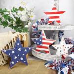 COCHIE 4th of July Decorations Wooden Star Set of 4, Labor Day Decor, Patriotic Memorial Day Tiered Tray Decor, Red White and Blue Veterans Day Decorations for Home Office Table Shelf (Vintage)