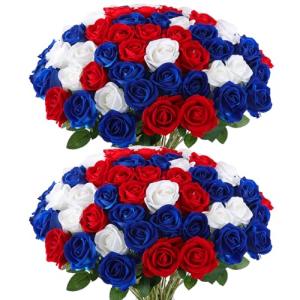 Hananona Artificial Roses in Bulk, Fake Velvet Silk Roses Realistic Roses for 4th July Wedding Centerpieces Independence Day Flower Arrangement Home Decor (50, Red, White, Blue)
