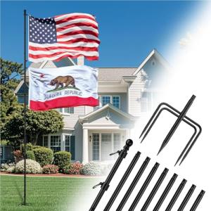 ZMTECH 12FT Heavy Duty Flag Pole with 5 Pronges Base in Ground for Yard,Tangle Free Spinning Stainless Steel,Windproof Ground Flag Poles for 2 Flags | Outside House Residential or Commercial 1 Pack