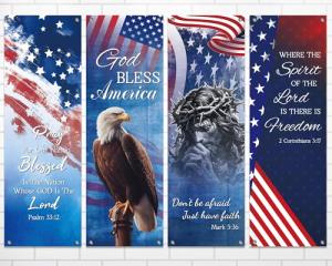 chiazllta 4PCS Independence Day Church Banners for Sanctuary Wall 4th Of July Religious Hanging Backdrop Christian Bible Verse Banner Patriotic American Flag Porch Signs for Sunday School Decoration