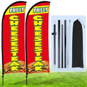 Buryeah 2 Sets Fresh Cheesesteak Feather Flag Pole Kit Banner for Business Advertising 7ft Fresh Cheesesteak Swooper Flag Sign with Flagpole Ground Stake Portable Bag for Outdoor Ground Outside