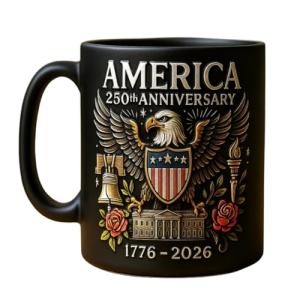 America's 250th Anniversary Mug (1776-2026) - 11oz Patriotic Commemorative Ceramic Coffee Cup, Vibrant Print with Eagle, Liberty Bell, Dishwasher & Microwave Safe, Gift for 4th of July (Black)
