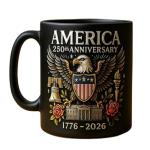 America's 250th Anniversary Mug (1776-2026) - 11oz Patriotic Commemorative Ceramic Coffee Cup, Vibrant Print with Eagle, Liberty Bell, Dishwasher & Microwave Safe, Gift for 4th of July (Black)