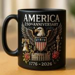 America's 250th Anniversary Mug (1776-2026) - 11oz Patriotic Commemorative Ceramic Coffee Cup, Vibrant Print with Eagle, Liberty Bell, Dishwasher & Microwave Safe, Gift for 4th of July (Black)