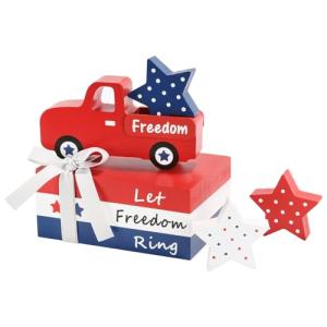 4th of July Decorations, 7 Pcs Patriotic Table Centerpieces Independence Day Tabletop Decorations Wood Faux Book Stack Truck Star Sign Farmhouse Decor for Tiered Tray Home Office Shelf Mantel
