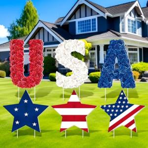 Seeloowy 6 Pcs 4th of July Decorations Outdoor Memorial Day Yard Signs Patriotic Party Yard Sign with Stakes Stars and USA Letter Independence Day Yard Decor for Home Lawn Patio Party Supplies