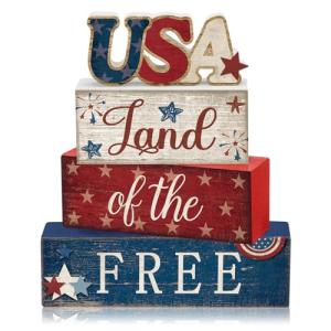 CroBlissful 4 Pcs 4th of July Decorations Patriotic Memorial Day Tabletop Decorations Red White Blue Table Centerpieces Sign for Office Tiered Tray Home Shelf 250th Anniversary(Independence Day Usa)