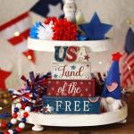 CroBlissful 4 Pcs 4th of July Decorations Patriotic Memorial Day Tabletop Decorations Red White Blue Table Centerpieces Sign for Office Tiered Tray Home Shelf 250th Anniversary(Independence Day Usa)