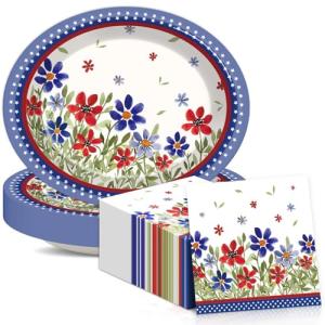 50Pcs American 4th of July Independence Party Oval Paper Plates 11 Inch Patriotic Poppy Flower Plates and Napkins for Memorial Day Decorations Disposable Serves Trays for Labor Veterans Party Supplies