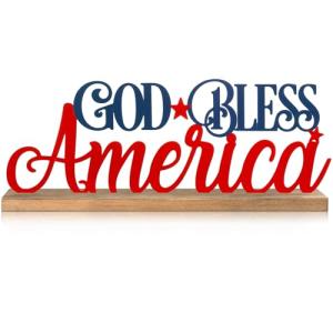 MiniInflat Patriotic God Bless America Metal Sign Rustic Table Decor Holiday Tiered Tray Decor with Wooden Base Freestanding Metal Word Sign for Home Tabletop Centerpiece Mantel Shelf Fireplace