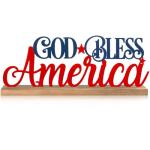 MiniInflat Patriotic God Bless America Metal Sign Rustic Table Decor Holiday Tiered Tray Decor with Wooden Base Freestanding Metal Word Sign for Home Tabletop Centerpiece Mantel Shelf Fireplace