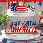 MiniInflat Patriotic God Bless America Metal Sign Rustic Table Decor Holiday Tiered Tray Decor with Wooden Base Freestanding Metal Word Sign for Home Tabletop Centerpiece Mantel Shelf Fireplace