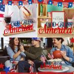 MiniInflat Patriotic God Bless America Metal Sign Rustic Table Decor Holiday Tiered Tray Decor with Wooden Base Freestanding Metal Word Sign for Home Tabletop Centerpiece Mantel Shelf Fireplace