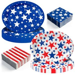 120pcs Patriotic Paper Plates Napkins Party Supplies Disposable 10" x 12" Large Heavy Oval Paper Plates American Flag Themed Tableware Set for Presidents' Day, Memorial Day, 4th of July Decorations