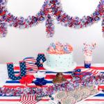 4 Pack 26.4 ft Red White Blue Patriotic Tinsel Garland with American Flags, Metallic Foil Fringe Banner Streamers for 4th of July, Memorial Day, Veterans Day, Independence Day, and Parade Decorations