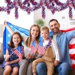 4 Pack 26.4 ft Red White Blue Patriotic Tinsel Garland with American Flags, Metallic Foil Fringe Banner Streamers for 4th of July, Memorial Day, Veterans Day, Independence Day, and Parade Decorations