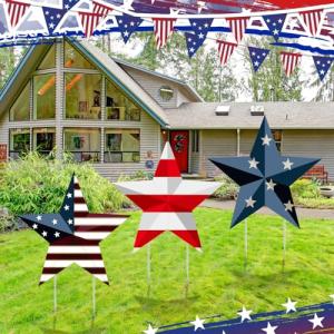 Pickmesh 3 Pcs Metal 4th of July Yard Signs 27.8'' H Barn Garden Stakes Star Outdoor Waterproof Patriotic USA Flag Lawn Signs for Memorial Day Independence Day Patio Walkway Pathway Decorations