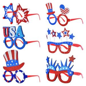 Wobeny 6 Pcs 4th of July Glasses Party Decor, Glitter Party Sunglasses Frames Novelty Costume Eyeglasses Photo Props for Adults, Independence Day Decorations Fun Holiday Party Favors, Memorial Day