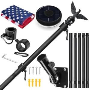 LETSTRY 6FT Black Flag Pole Kit for Outside House with American Flag & Solar Light,1" Thickened Stainless Steel Wall Mount Flagpole with 180°Adjustable Bracket for Residential Outdoor PorchPorch