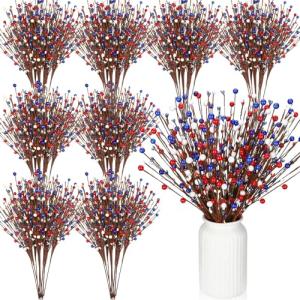 Cindeer 10 Pcs Memorial Day Decorations Berry Stem Picks Patriotic 4th of July Artificial White Blue Red Picks Independence Day Berry Stem Spray Fruit Floral Bunch for Home Festival Office Decorations