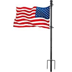 Black Flag Poles for Outside - 8.5FT Metal Outdoor Yard Flag Pole Holder with 2 Prongs Base - 3x5FT American Flag with Pole