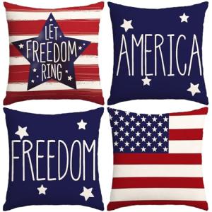4th of July Pillow Covers 18x18 Inch,Set of 4 Patriotic Red White Blue Summer Outdoor Throw Pillow Covers,Independence Memorial Day USA Flag Linen Fourth of July Cushion Case for Sofa Couch Decor
