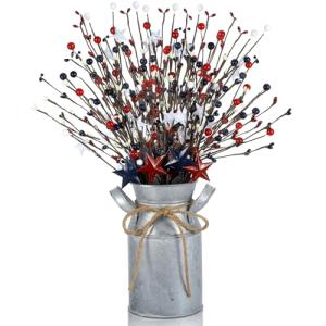 Frienda 3 Pcs 4th of July Patriotic Berry Table Artificial Tree with 1 Pcs Base, 250th Independence Day Anniversary Berry and Star Table Tree Red White Blue Branches Decor for Farmhouse Centerpiece