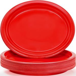 BONSINY 50 Count Red Plates Disposable Heavy Duty 10" x 12" Oval Red Plastic Plates for Birthday Picnic BBQ Graduation Party