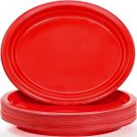 BONSINY 50 Count Red Plates Disposable Heavy Duty 10" x 12" Oval Red Plastic Plates for Birthday Picnic BBQ Graduation Party