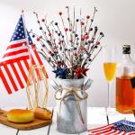 Frienda 3 Pcs 4th of July Patriotic Berry Table Artificial Tree with 1 Pcs Base, 250th Independence Day Anniversary Berry and Star Table Tree Red White Blue Branches Decor for Farmhouse Centerpiece