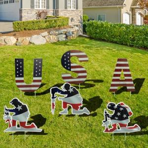 6 Pcs 4th of July Yard Signs Decorations, Independence Day Soldiers and USA Letter Lawn Patio Sign, Memorial Day Decoration Patriotic Lawn Sign with 12 Stakes for Home Garden Pathway Decor