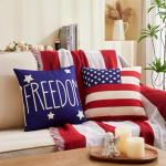 4th of July Pillow Covers 18x18 Inch,Set of 4 Patriotic Red White Blue Summer Outdoor Throw Pillow Covers,Independence Memorial Day USA Flag Linen Fourth of July Cushion Case for Sofa Couch Decor