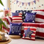 4th of July Pillow Covers 18x18 Inch,Set of 4 Patriotic Red White Blue Summer Outdoor Throw Pillow Covers,Independence Memorial Day USA Flag Linen Fourth of July Cushion Case for Sofa Couch Decor