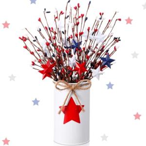 SiliFine 4th of July Table Centerpiece Decoration Patriotic Artificial Flower Stems Star Shaped Berry Picks with Metal Vase Pot for Independence Day Memorial Day Office Home(White and Red)