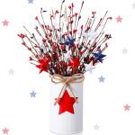 SiliFine 4th of July Table Centerpiece Decoration Patriotic Artificial Flower Stems Star Shaped Berry Picks with Metal Vase Pot for Independence Day Memorial Day Office Home(White and Red)