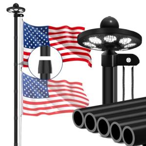 GHOSOONE 20FT 12 Gauge Heavy Duty Flag Pole Kit with Solar Light,Ground Flag Pole for Outside House Extra Thick Aluminum Flagpoles with 136 Led Light & 3x5 American Flag,110MPH Wind Tested,Black