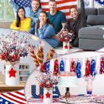 SiliFine 4th of July Table Centerpiece Decoration Patriotic Artificial Flower Stems Star Shaped Berry Picks with Metal Vase Pot for Independence Day Memorial Day Office Home(White and Red)