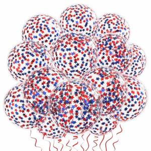 VHUWE 25 Pcs Blue Red Star Confetti Balloons, 12 Inch Clear Latex Balloon with Confetti Inside for 4th of July Decorations Birthday Party Baby Shower Graduation Engagement Decorations Supplies