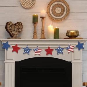 4th of July Patriotic Garland Decorations, Rustic Wooden Star Red White and Blue Garland Decor, Retro 4th of July Banner for Fireplace Mantel Wall Patriotic Party Home Decor (Star)