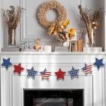 4th of July Patriotic Garland Decorations, Rustic Wooden Star Red White and Blue Garland Decor, Retro 4th of July Banner for Fireplace Mantel Wall Patriotic Party Home Decor (Star)