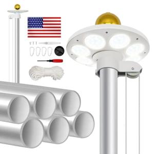 Weavelife 20FT Flag Pole Kit with Solar Light in Ground, Heavy Duty Sectional Extra Thick Aluminum Flagpole Kit with 136 Led Flag Light Solar Powered, Flag Included