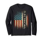 Patriotic Electrician Gifts American USA Flag Funny Lineman Long Sleeve T-Shirt