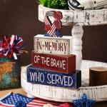 CroBlissful 4 Pcs Memorial Day Table Decorations Patriotic Tabletop Decorations Red White Blue Fourth of July Table Centerpieces Sign for Office Tiered Tray Home Shelf 250th Anniversary