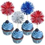 Gyufise 30Pcs Foil Firework Cupcake Toppers Sparkle Tinsel Cake Toppers Tinsel Drink Cake Decoration Cocktail Picks for Birthday Wedding Graduation Party Supplies Silver Dark Blue Red